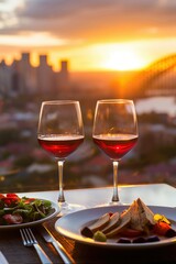 Dinner with red wine and sunset city skyline. Romantic rooftop dining concept.
