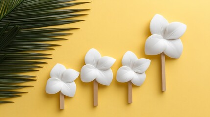 Four white orchid-shaped decorative items on sticks, arranged in a growth pattern against a yellow background with a palm leaf