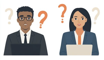 A patient and customer service worker are shown talking on a laptop, with speech bubbles displaying their questions, in a full-body view on a white background image