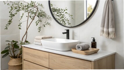 Fototapeta premium Minimalist Bathroom with Vessel Sink and Natural Elements. modern bathroom interior