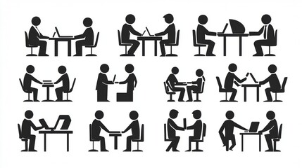 Teamwork icons: a set of simple pictures. They show business people working together, like in a meeting or as partners, to achieve success. It's about human resources and work groups.
