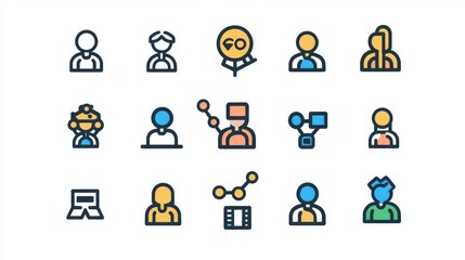 Fototapeta premium Teamwork icons include things like meetings, workspaces, and how teams talk and work together. These icons show team structure and business communication in a simple way. 