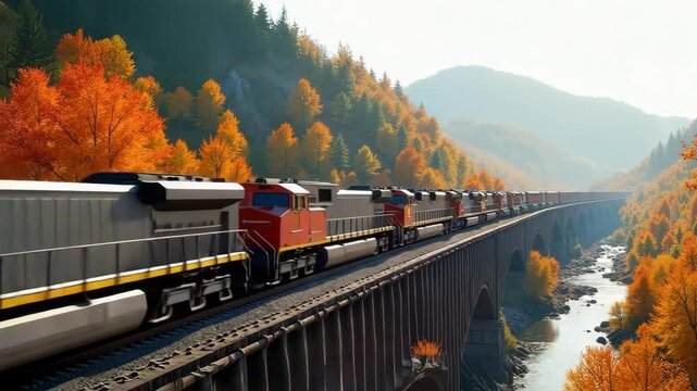 Freight train traveling through a vibrant autumn valley on a wooden trestle bridge, showcasing seasonal European beauty. Travel or vacation advertising banner. 4K, motion