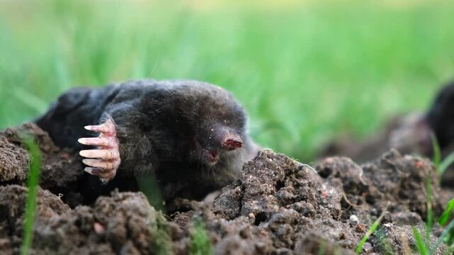 A mole is on the surface of molehill among green grass in the garden. Talpa europaea side view close-up. Dead animal with black fur. Garden pest concept. Lawn saving problems. High quality 4k footage.