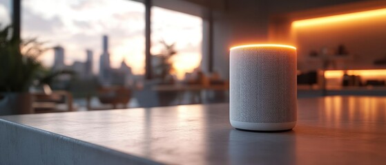 Smart speaker sits glowing on countertop, showcasing integration with urban home, modern design, artificial intelligence and modern technology.