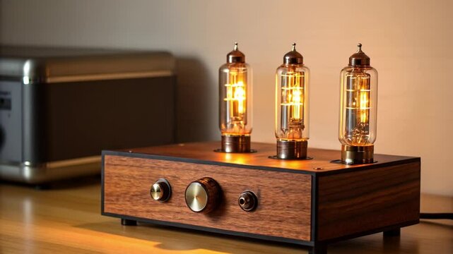 A vintage vacuum tube amplifier with glowing tubes sits on a wooden surface, creating a warm retro atmosphere.