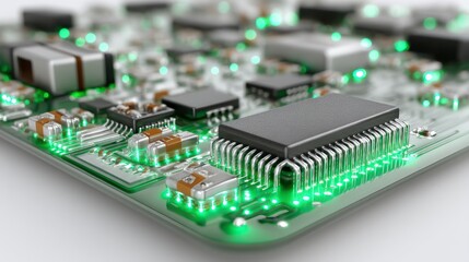 CloseUp of a Circuit Board with Illuminated Components and Microchips Highlighting Technology