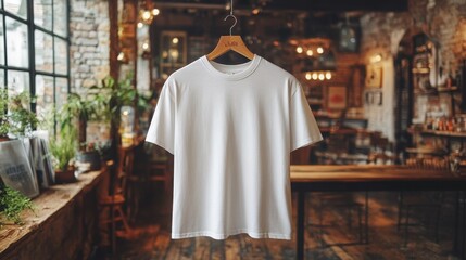 Fototapeta premium White Crew Neck T Shirt Mockup on Wooden Hanger in Rustic Cafe Setting