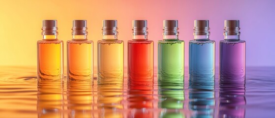 Colored bottles containing various liquids stand aligned, displaying spectrum of colors against soft gradient backdrop.