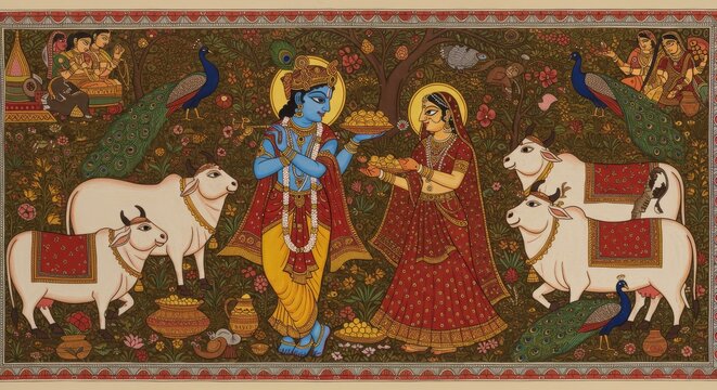Divine Exchange, a Traditional Depiction of Radha Krishna Offering Sweets