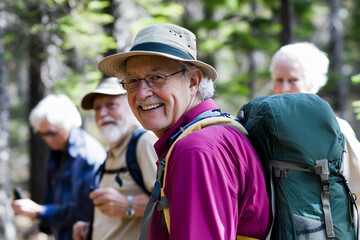 Elderly group enjoys hiking through nature trails Generative AI