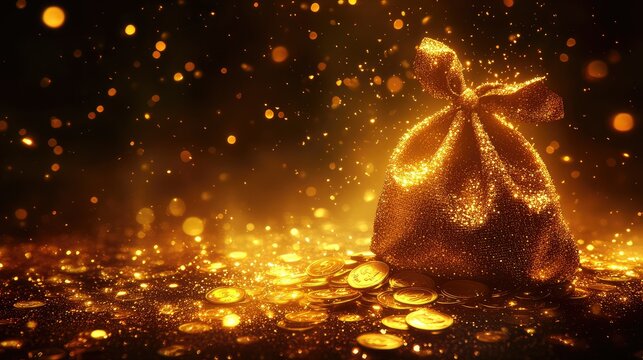 Golden treasure bag, filled with coins, in a sparkling, magical setting
