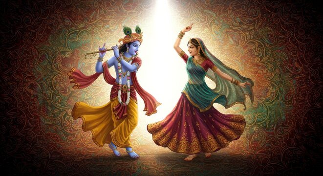 Divine dance: Krishna's melody and Radha's graceful movements in art