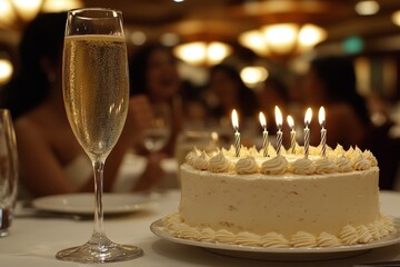 Image of a birthday cake adorned with candles on a table, surrounded by people celebrating and holding glasses of champagne in the background