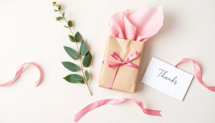 Delicate thank you arrangement featuring a wrapped gift and a heartfelt appreciation note