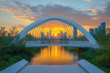 Obraz premium Modern bridge spanning tranquil waterway at dawn.