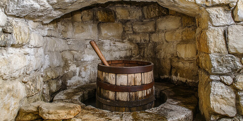 Vintage water well showcasing a wooden bucket and stone structure Generative AI