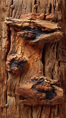 Close-up of an aged tree trunk with charred portions and prominent wood grain pattern