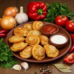 Uzbek food Kovurma Chuchvara Fried Dumplings Chuchvara dumplings deep-fried until golden and crispy, served with tomato sauce or sour cream. A popular snack or appetizer 