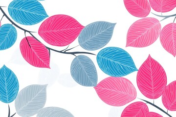 A simple line art image is set against a background of tropical plants and leaves in soft pink, blue, and gray pastel colors