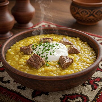 Uzbek food alim Osh Wheat and Meat Porridge A rich, sticky porridge made by slow-cooking wheat grains with meat, commonly eaten at Nowruz celebrations for its strength-giving qualities