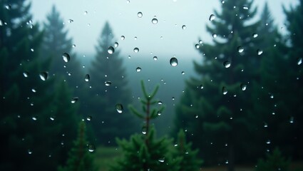 Rainy Day View Through Window Misty Forest and Raindrops