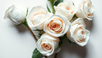 Elegant Arrangement: Exquisite white roses with soft pastel centers on a pristine white background