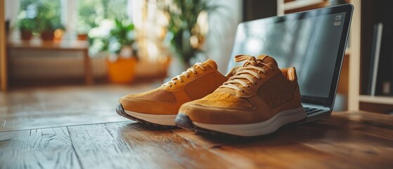 Two tan sneakers are placed in front of laptop on wooden floor, capturing a casual and comfortable aesthetic.