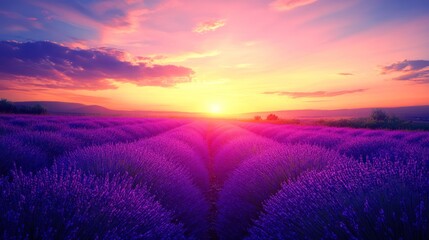 Fototapeta premium Lavender Field at Sunset with Vibrant Sky and Warm Sunlight