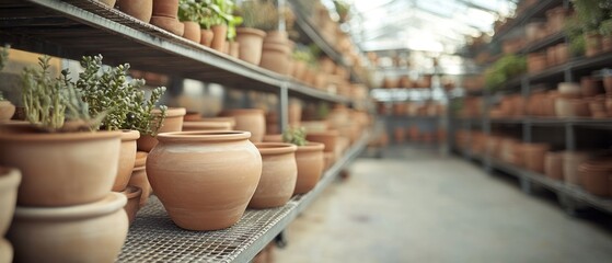 Fototapeta premium Rows of terracotta pots containing plants are organized on metal shelves inside greenhouses creating visual repetition.
