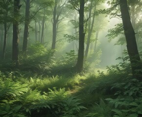 Obraz premium Soft, blurred green leaves create an ethereal, hazy forest backdrop , shadow, dreamy, jungle