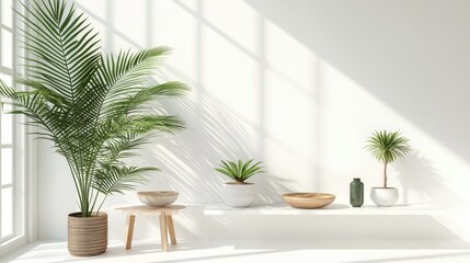 Minimalist interior scene with plants and natural light.