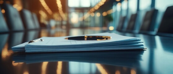 Fototapeta premium Paperwork rests on a meeting table suggesting business deals, important documents, and executive decisions.