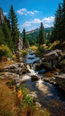 Scenic mountain river flowing between rocks and trees on a sunny day. Water cascades and landscape of a natural mountain creek.