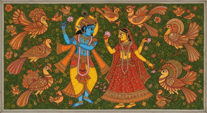 Elegant depiction of Radha Krishna with decorated birds in vintage style