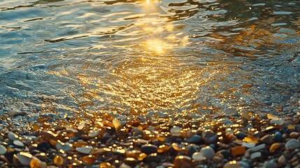 Sunlit water ripples on a pebbled beach