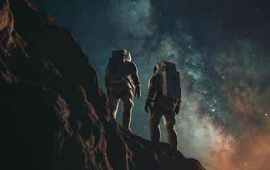 Astronauts standing together in starry night landscape. Cosmic unity and exploration concept.