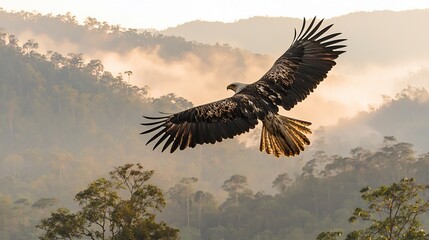 Fototapeta premium Eagle Soaring Above Misty Jungle Mountains With Wide Wingspan Casting Shadow Trees Below In Soft Ambient Morning Haze