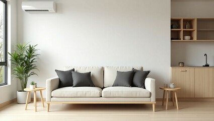 neutral living room or sitting room space with bright natural light and mini split eco system






