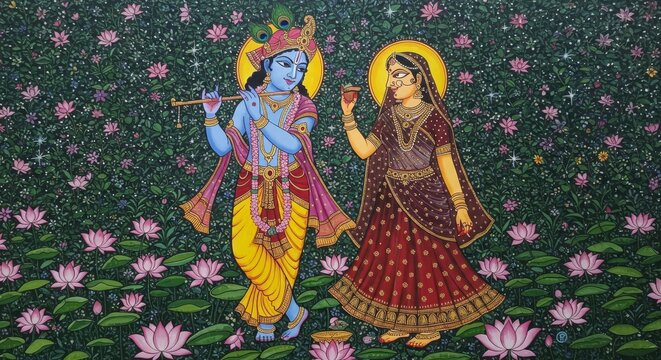 Krishna and Radha depicted in a traditional pichwai painting with lotus flowers