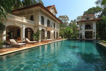 Fototapeta premium Luxurious estate home with pool and lush landscaping.