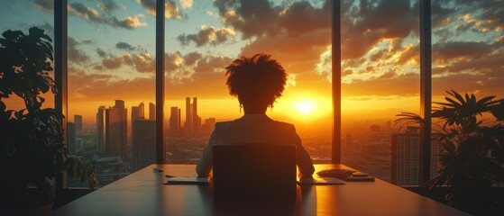Businesswoman gazes at vibrant sunset illuminating cityscape, seemingly contemplating business strategy and future opportunities.
