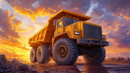 Obraz premium Heavy-duty dump truck at sunset. Powerful mining vehicle