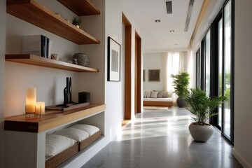 Stylish hallway showcases open shelving with neat storage solutions, enhancing the minimalist design and creating a calming atmosphere