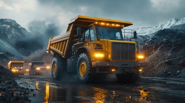Heavy-duty dump truck navigating a muddy mining site under a dramatic sky