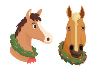 Horse with a Christmas wreath on its neck, Year of the Horse. Flat vector, clipart illustration isolated on white background.