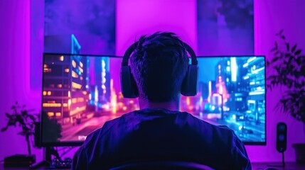 Gamer Wearing Headphones Playing on Computer with Neon Lit Cityscape