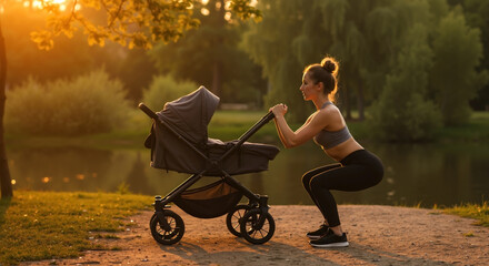 A woman performs squats while holding a stroller, park landscape, nature and fitness concept, for parenting, sport motivation, horizontal banner with copy space