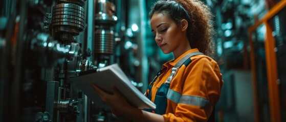 Hispanic engineer inspects clipboard against backdrop metal pipes in an industrial plant, conveying focus professional expertise.
