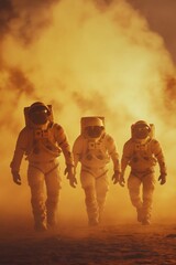 Three astronauts walking in dense yellow fog on extraterrestrial terrain. Sci-fi atmospheric concept.